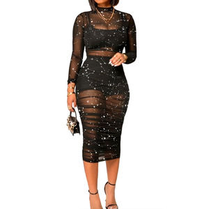 Black Star-Print Sheer Midi Dress with Long Sleeves